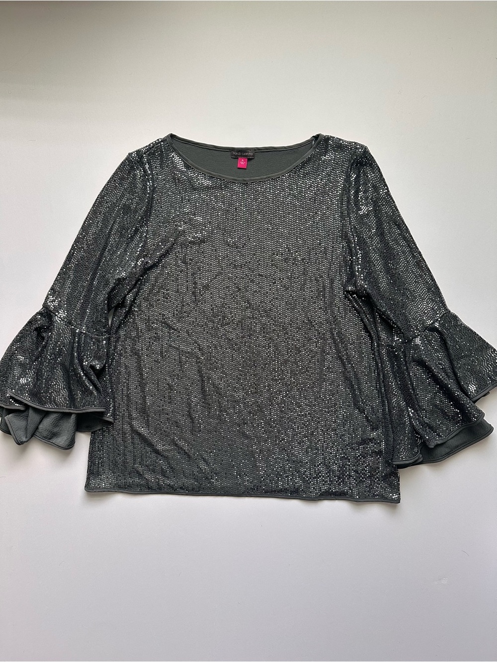 VINCE CAMUTO Metallic Ruffle Sleeve Long-Sleeve Top - Gray